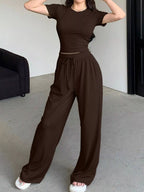 Solid Color Short Sleeve Crop Top Wide Leg Pants Set