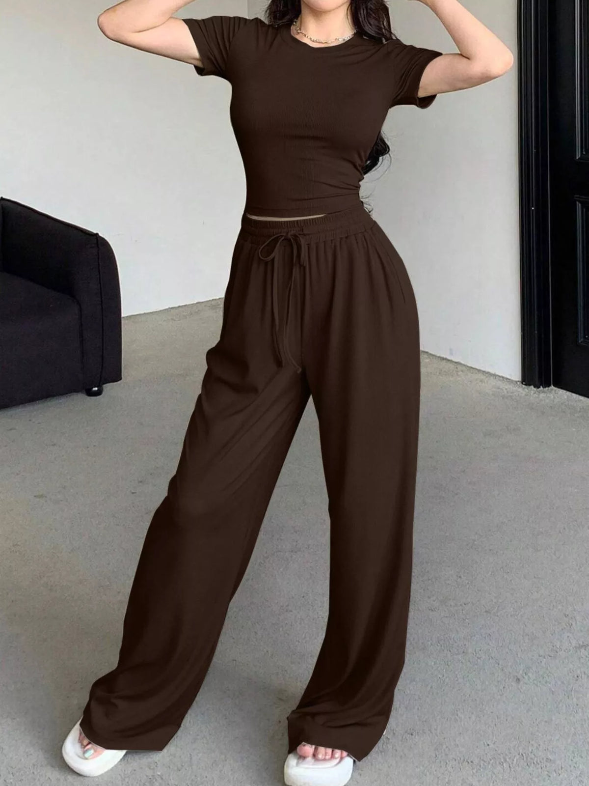 Solid Color Short Sleeve Crop Top Wide Leg Pants Set