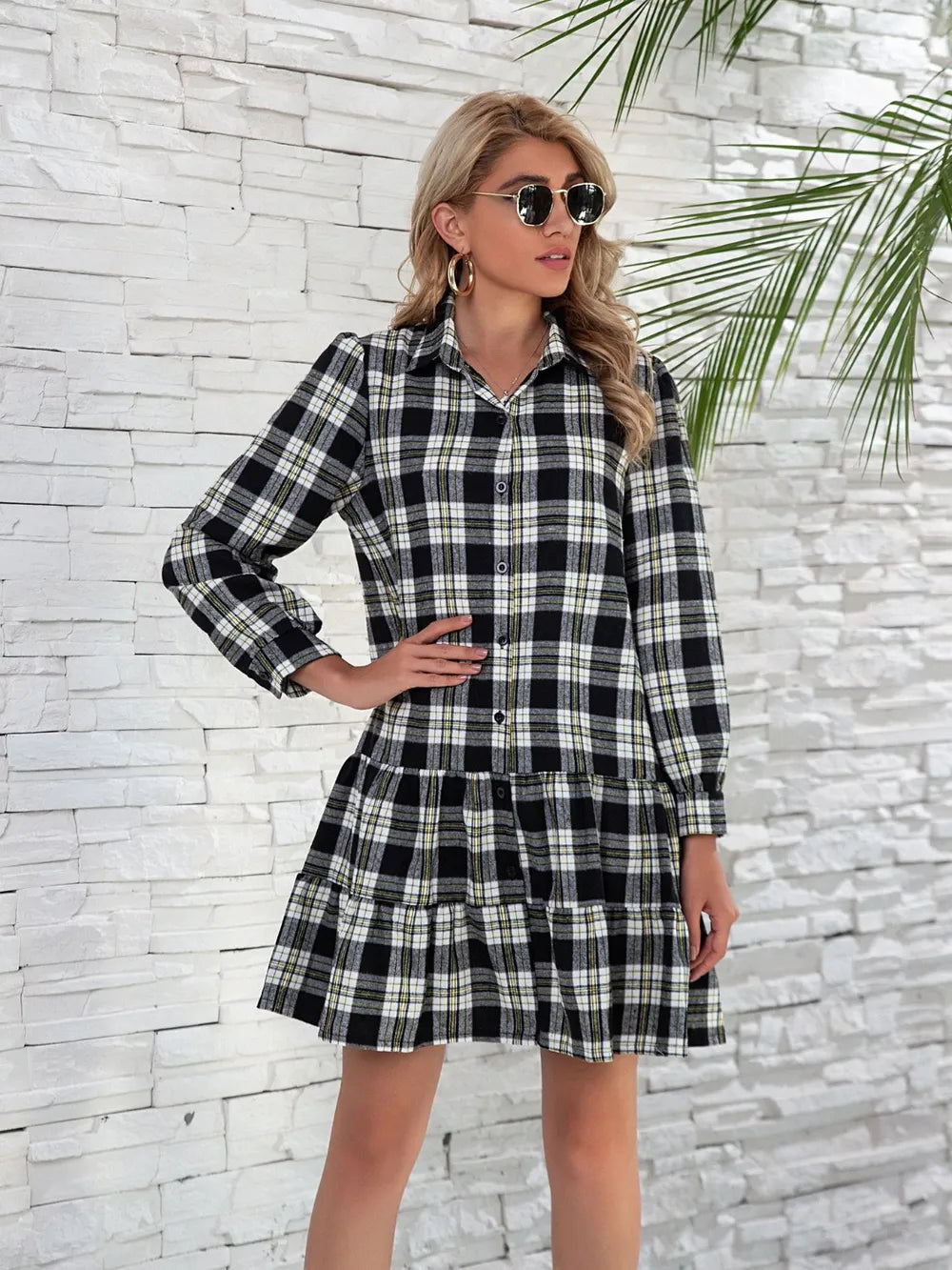 Ruffle Hem Plaid Button Down Long Sleeve Dress (7)