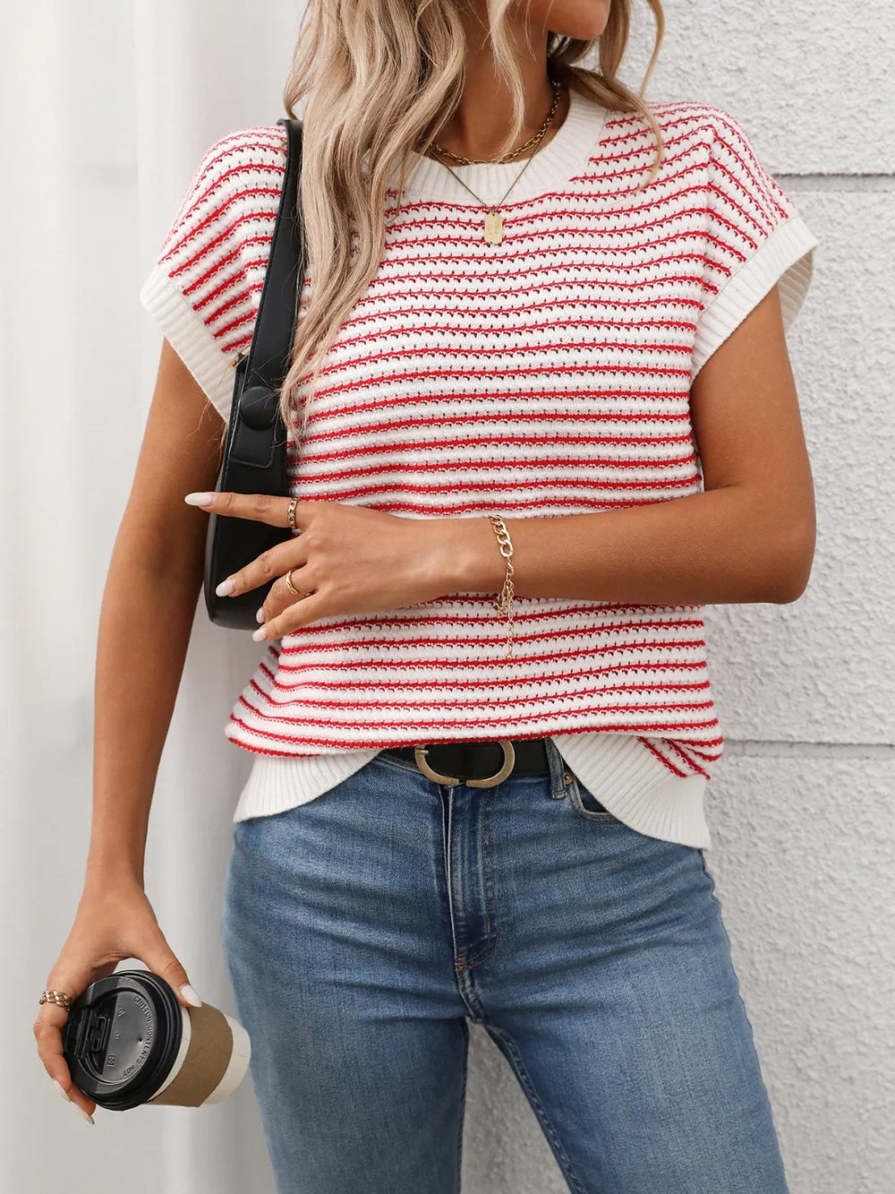 Striped Round Neck Short Sleeve Knit Top (12)