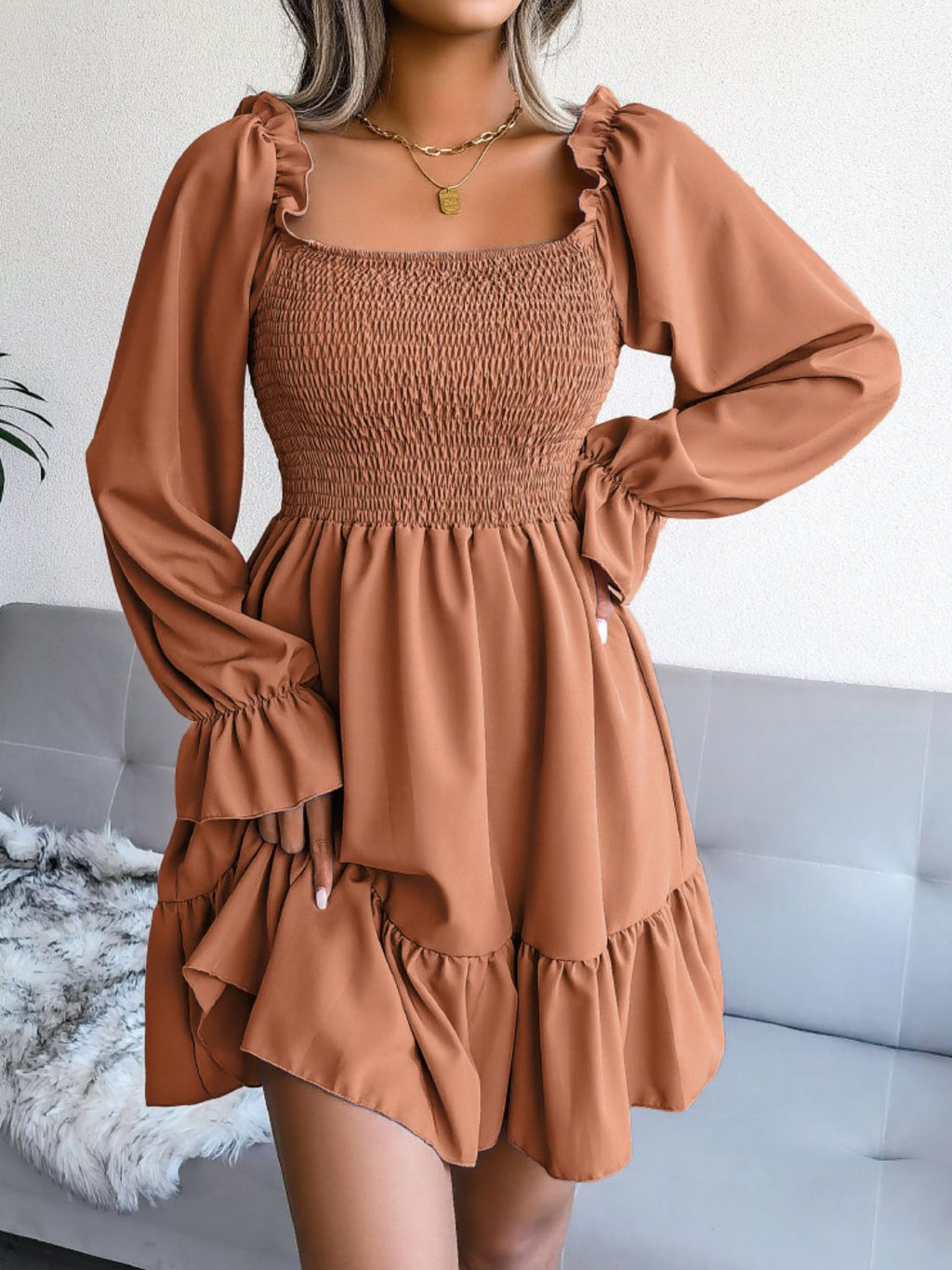 Smocked Flounce Sleeve Square Neck Dress (19)
