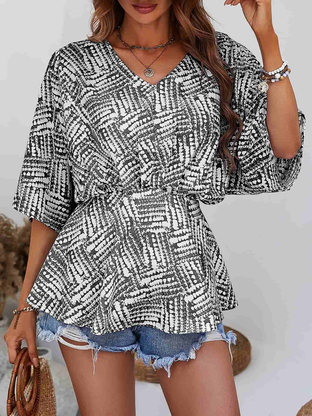 Printed V-neck Dolman Sleeve Blouse (4)