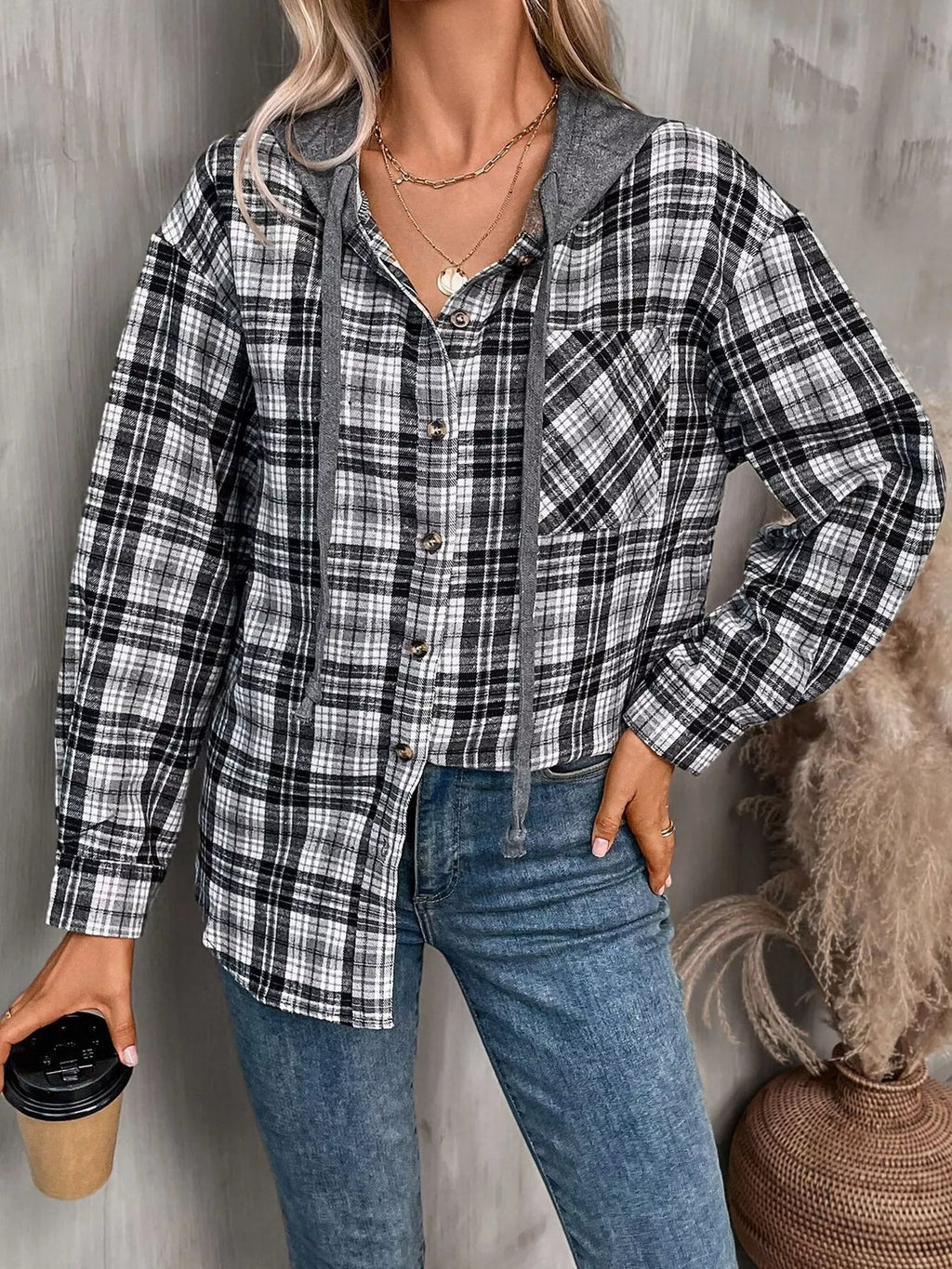 Hooded Plaid Button-up Shirt (4)