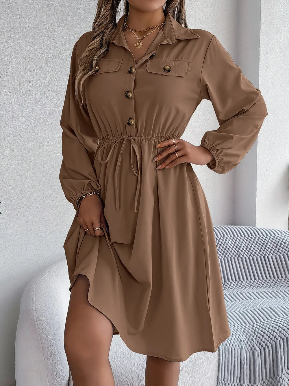 Collared Neck Long Sleeve Dress Pockets (22)