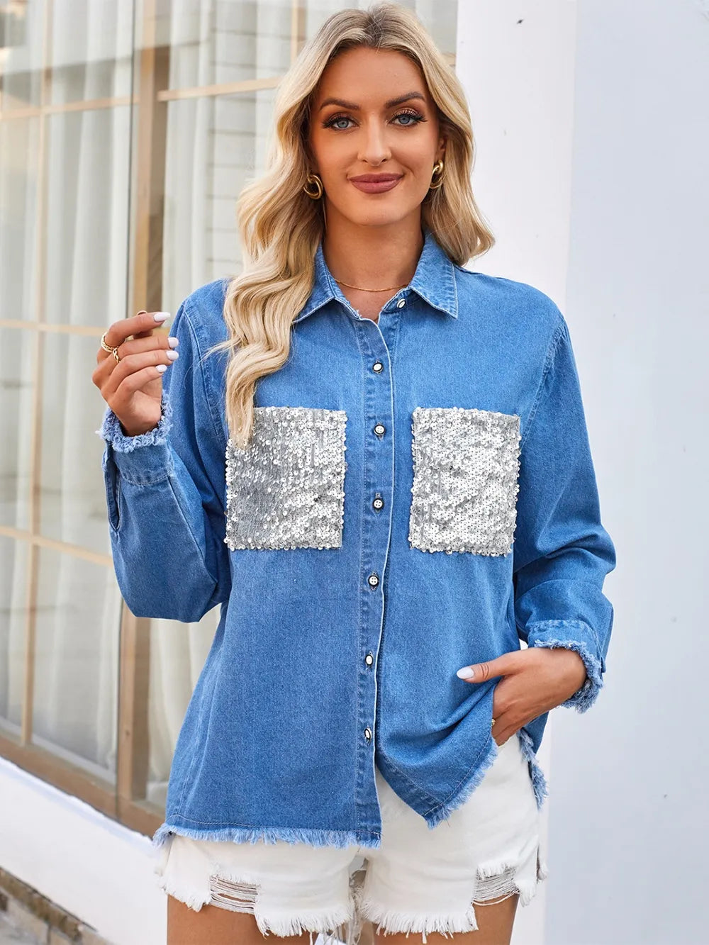 Raw Hem Button Up Long Sleeve Denim Jacket Sequin Pockets (5)