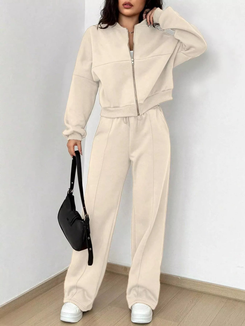Casual Solid Color Zipper Jacket Wide Leg Pants Set (4)