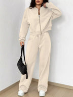 Casual Solid Color Zipper Jacket Wide Leg Pants Set (4)