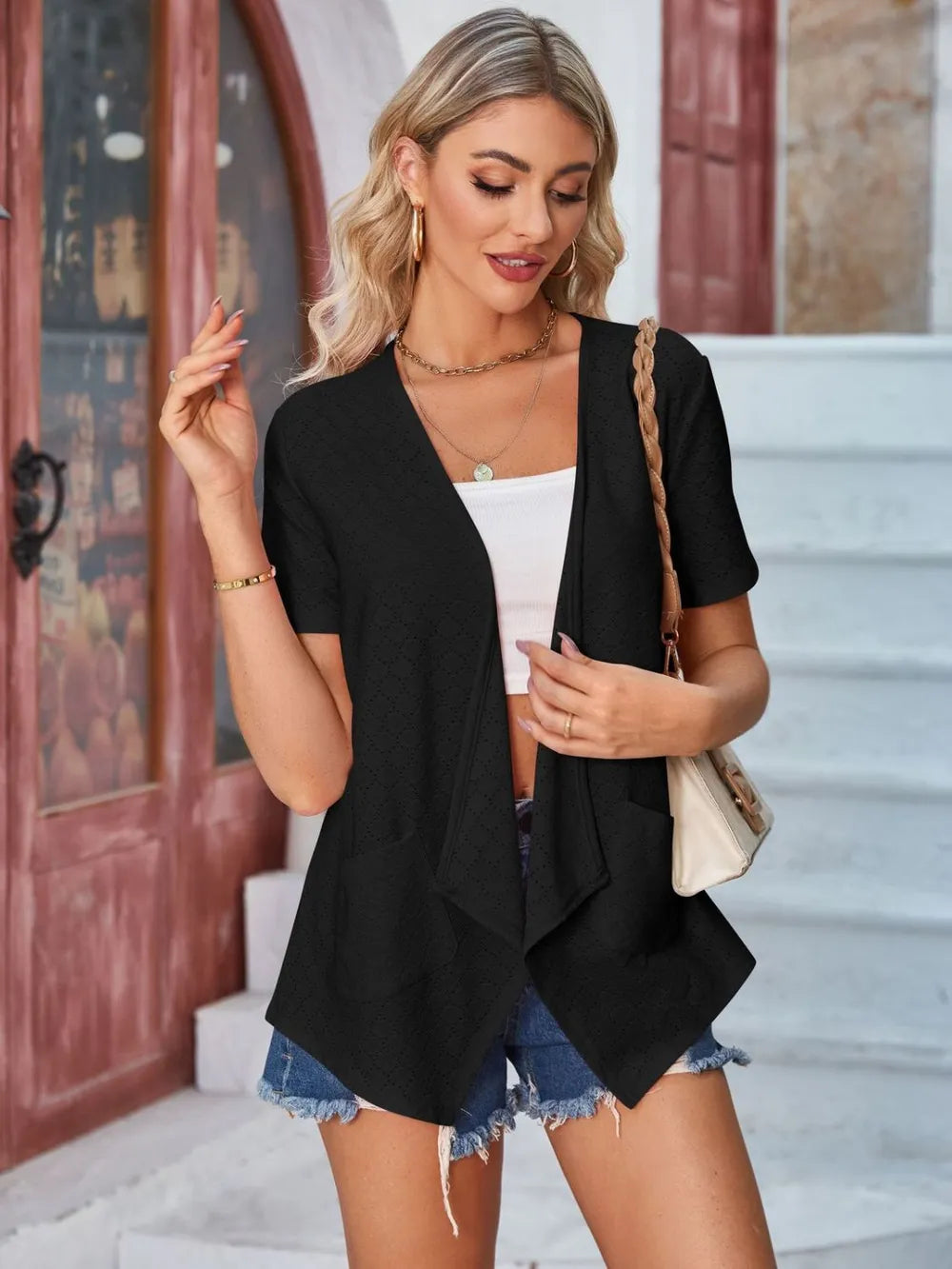 Eyelet Open Front Short Sleeve Cover Up (13)