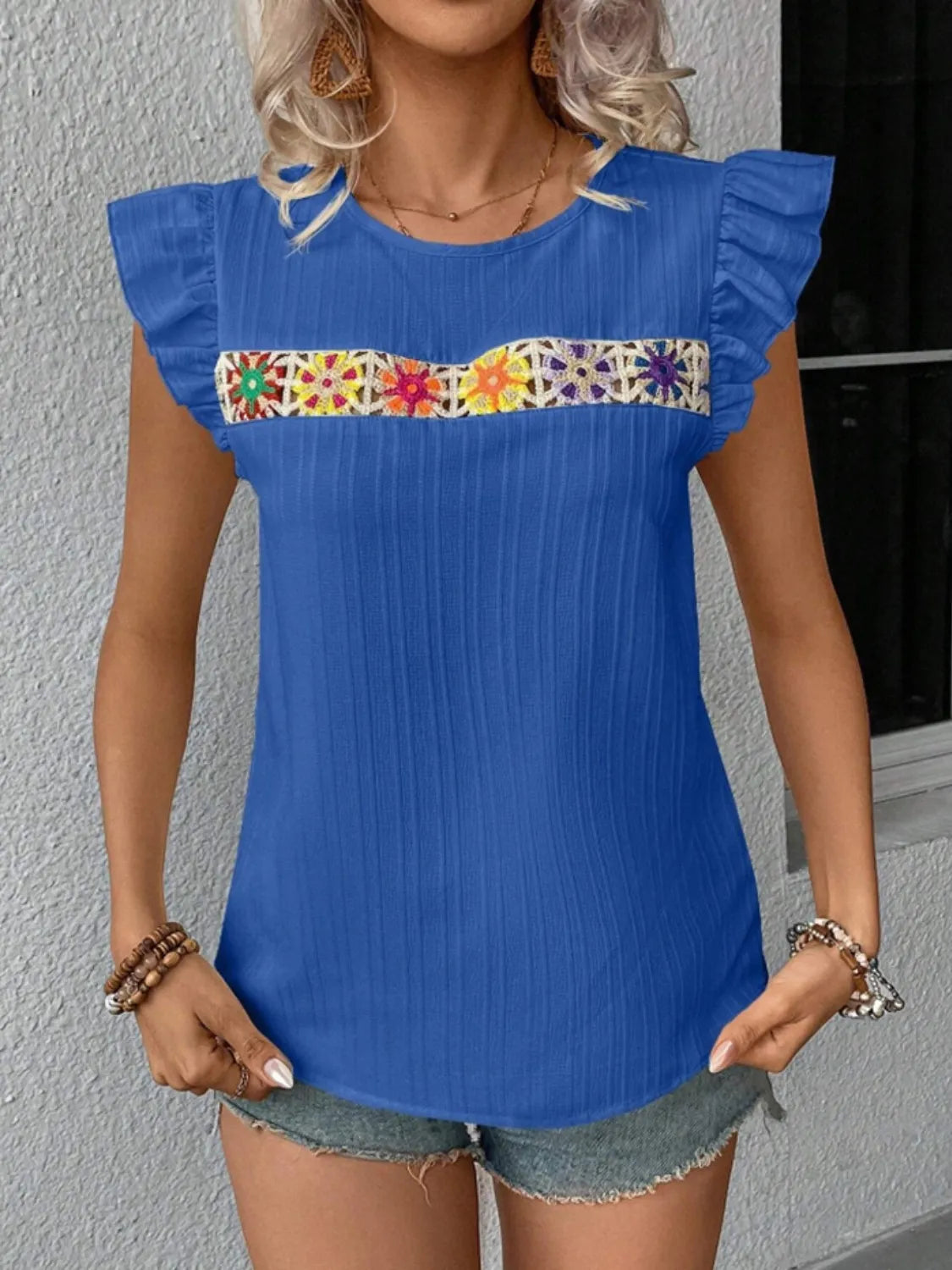 Ruffled Round Neck Cap Sleeve Blouse (26)
