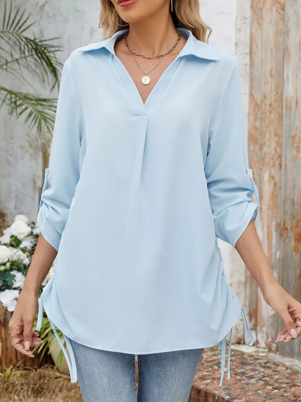 Drawstring Johnny Collared Three-quarter Sleeve Top (10)