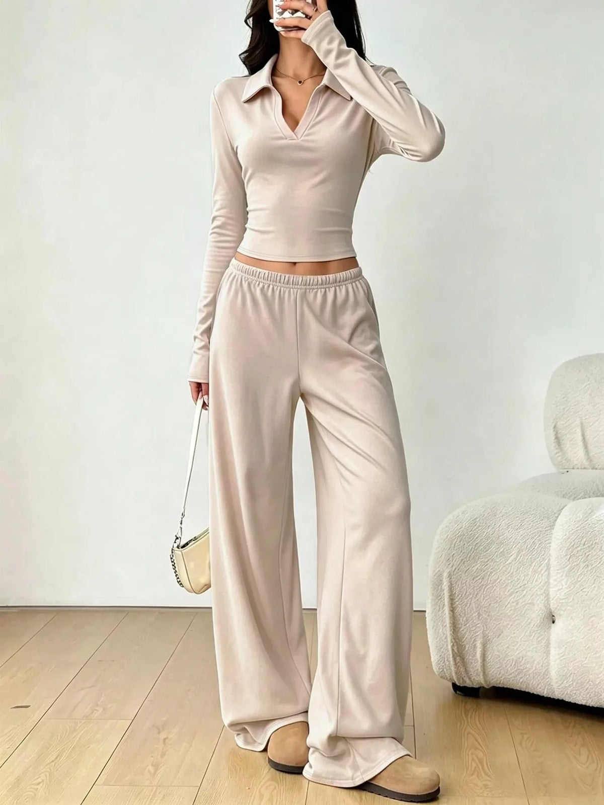 Solid Color Long Sleeve Polo Collar Top Wide Leg Pants Set