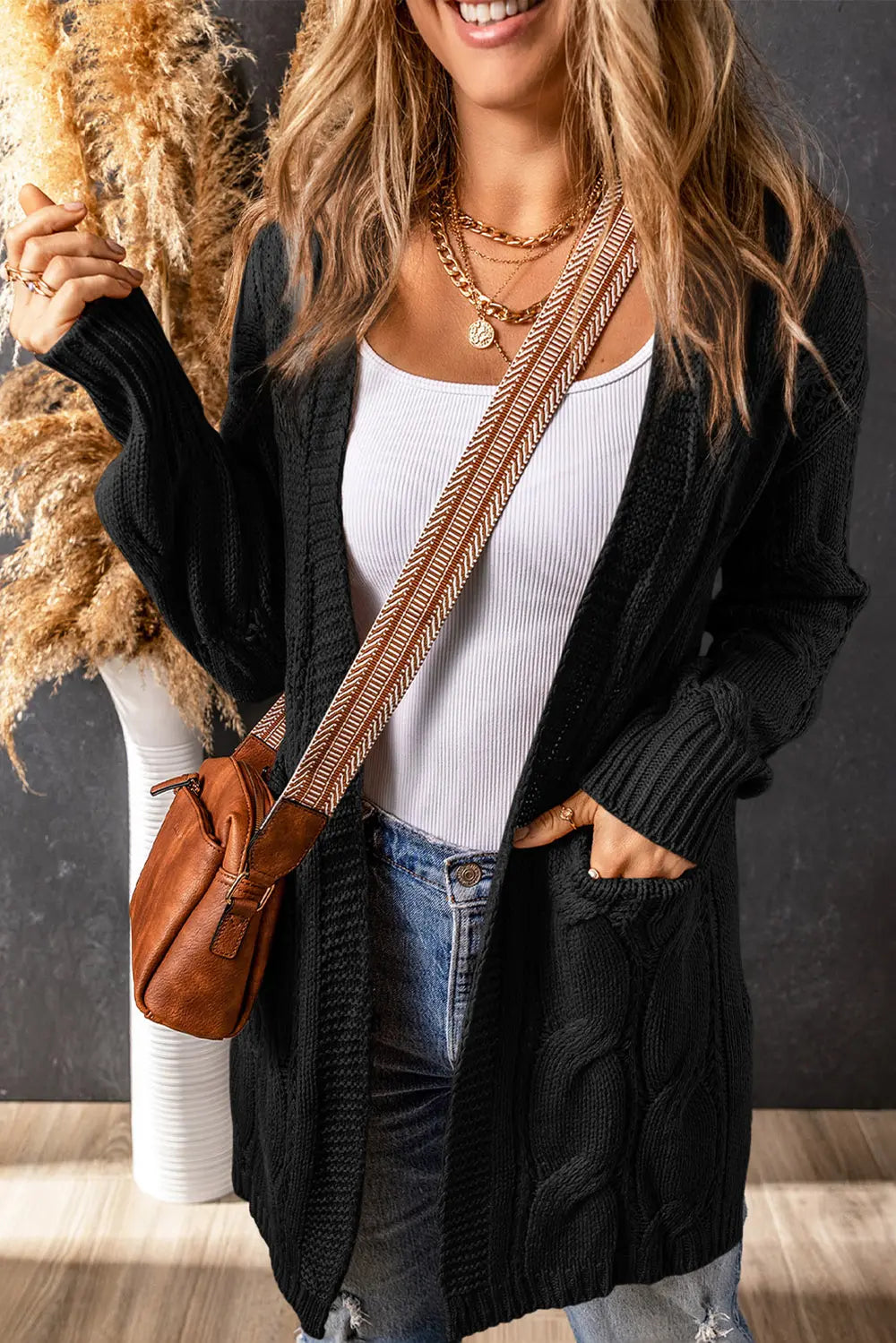 Cable-knit Dropped Shoulder Slit Cardigan (11)