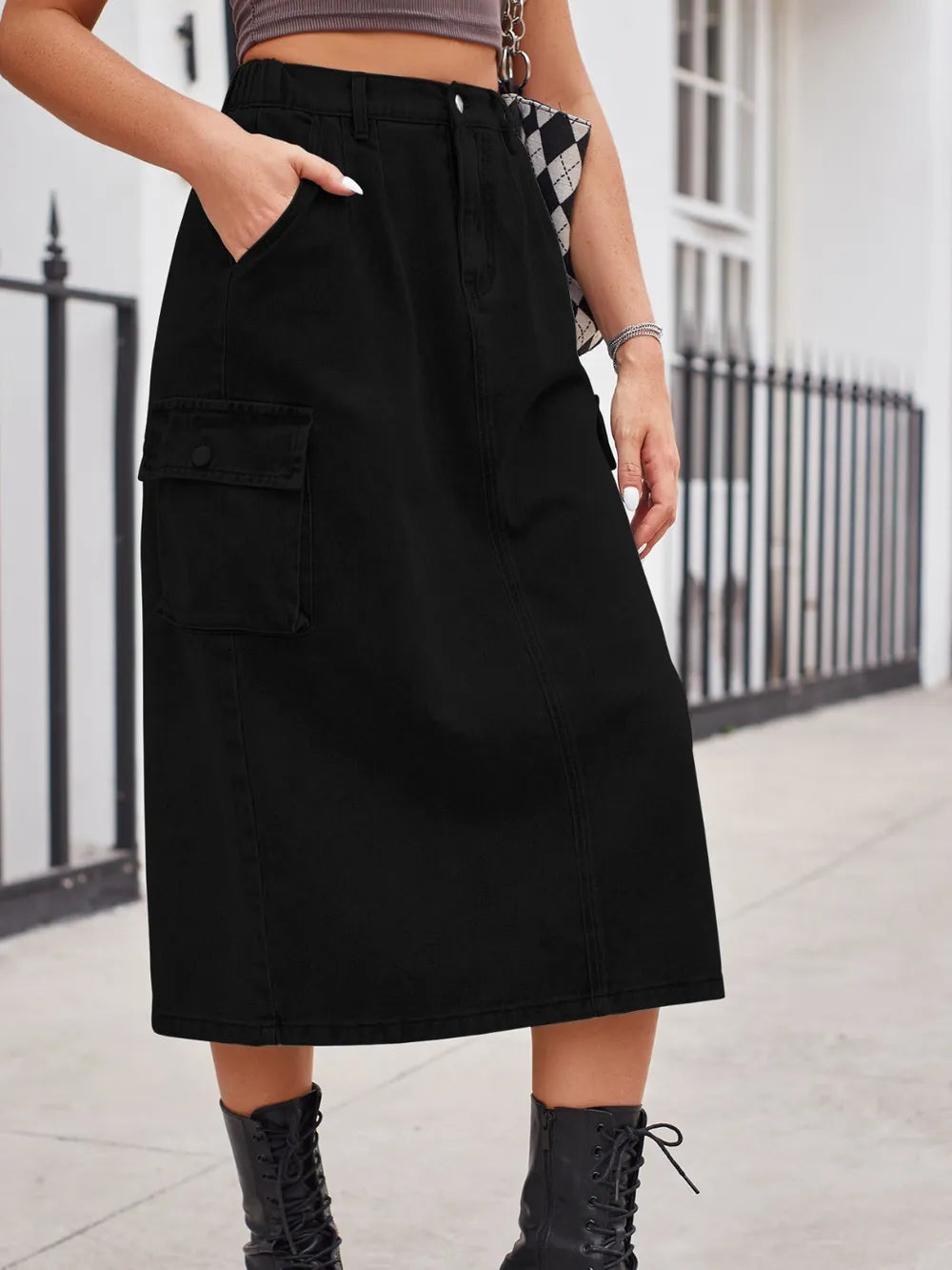 Slit Buttoned Denim Skirt Pockets (10)