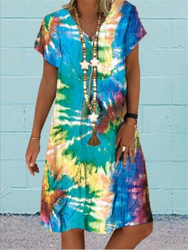 Printed V-neck Dress variant CJNSSYLY08029-Sky Blue-XXL|CJNSSYLY08029-Sky Blue-5XL|CJNSSYLY08029-Sky Blue-XL|CJNSSYLY08029-Sky Blue-M|CJNSSYLY08029-Sky Blue-S|CJNSSYLY08029-Sky Blue-4XL|CJNSSYLY08029-Sky Blue-L|CJNSSYLY08029-Sky Blue-3XL