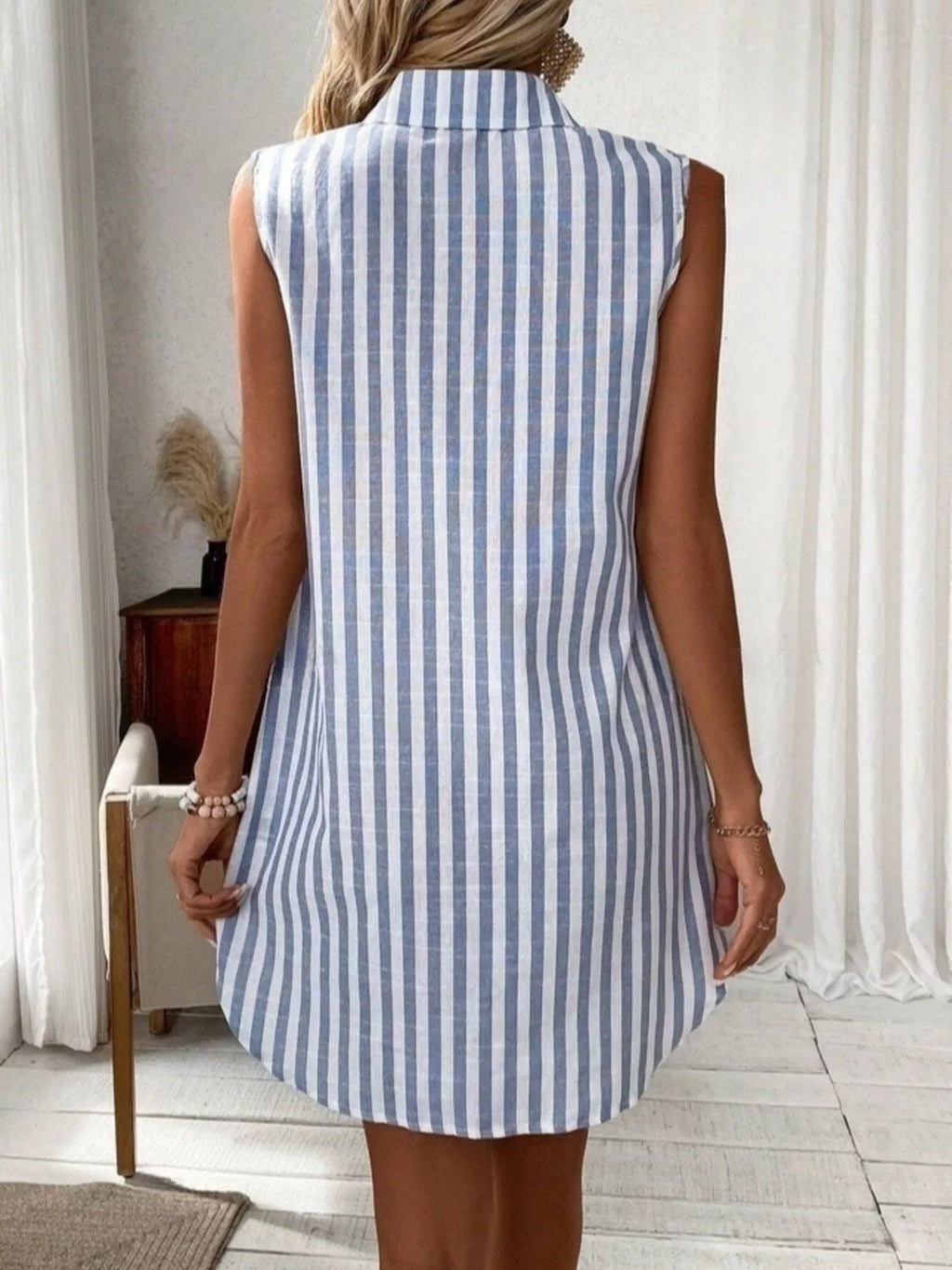 Sleeveless Striped Button Detail Shirt Dress (4)