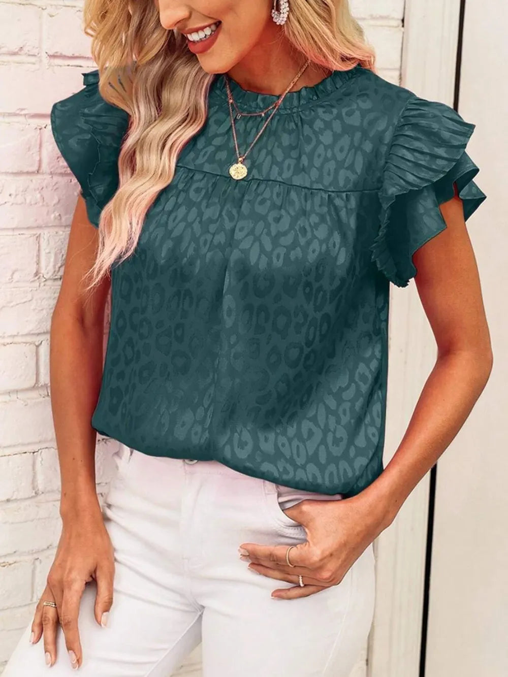 Leopard Frill Mock Neck Ruffled Cap Sleeve Top (18)