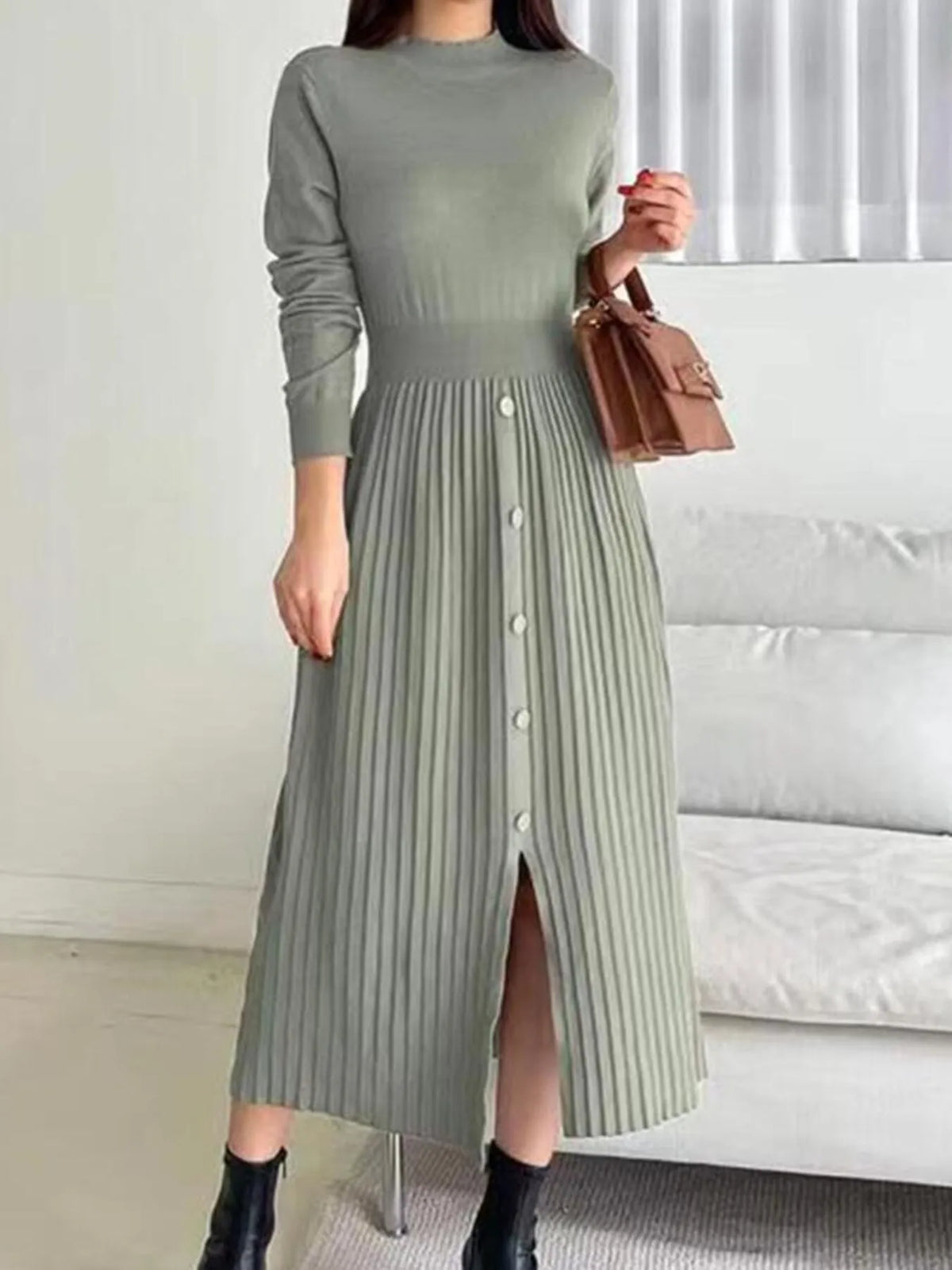 Slit Front Mock Neck Long Sleeve Knit Dress (11)