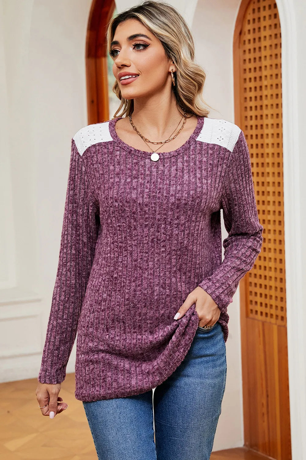 Eyelet Ribbed Round Neck Long Sleeve T-shirt (22)