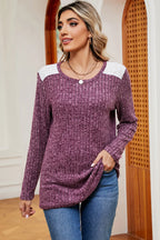 Eyelet Ribbed Round Neck Long Sleeve T-shirt (22)