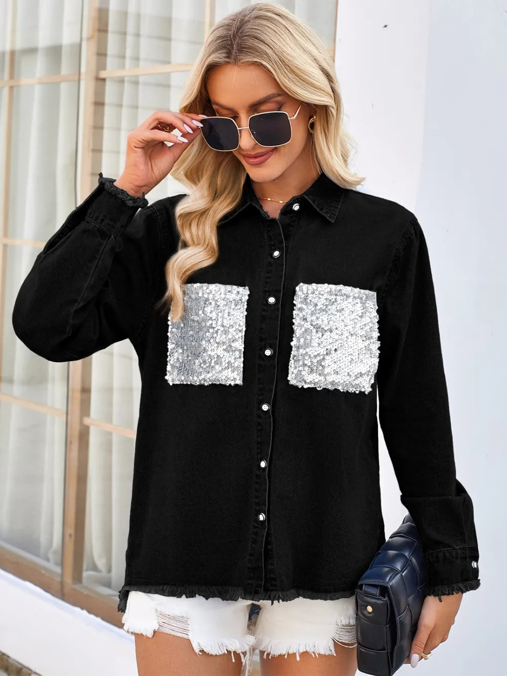 Raw Hem Button Up Long Sleeve Denim Jacket Sequin Pockets (2)