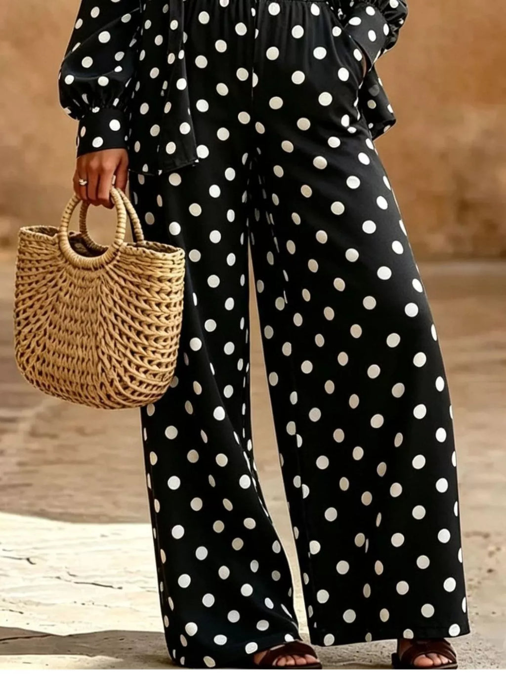 Full Size Polka Dot Shirt Wide-leg Pants Set Plus (4)