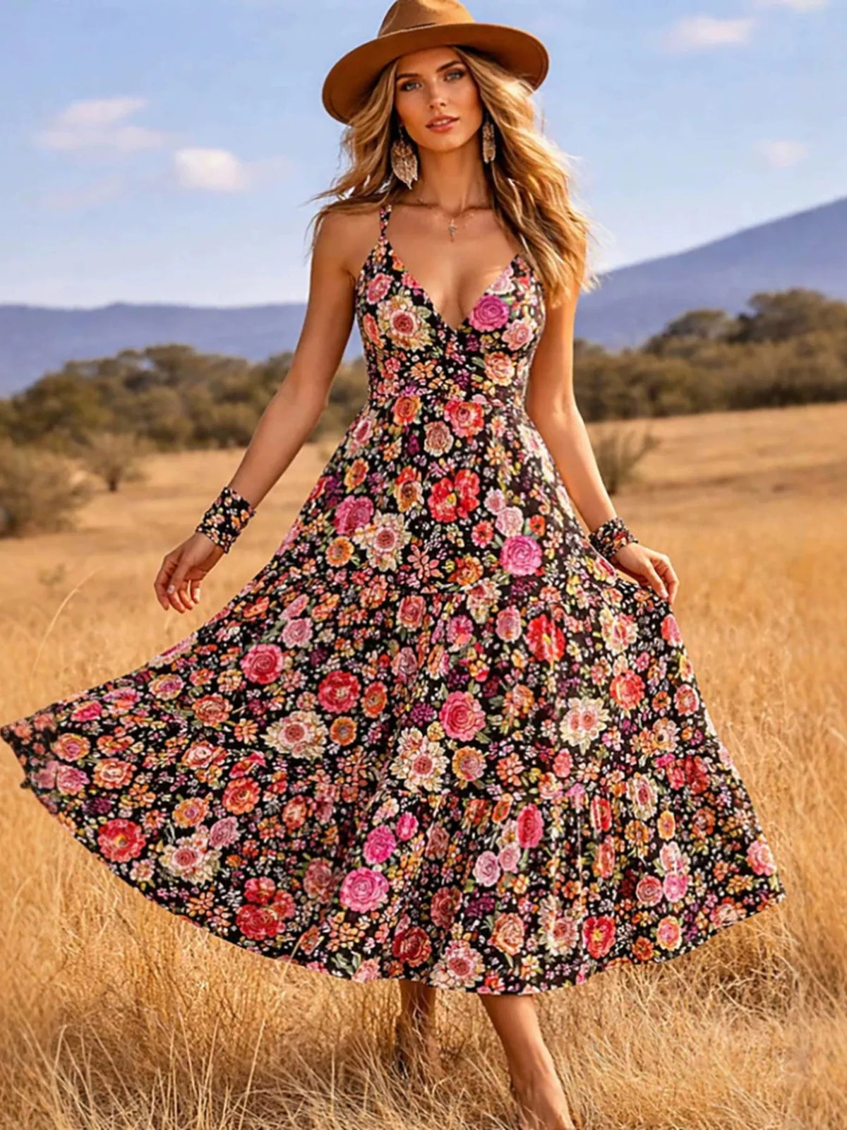 Floral Print V-neck Midi Dress (4)