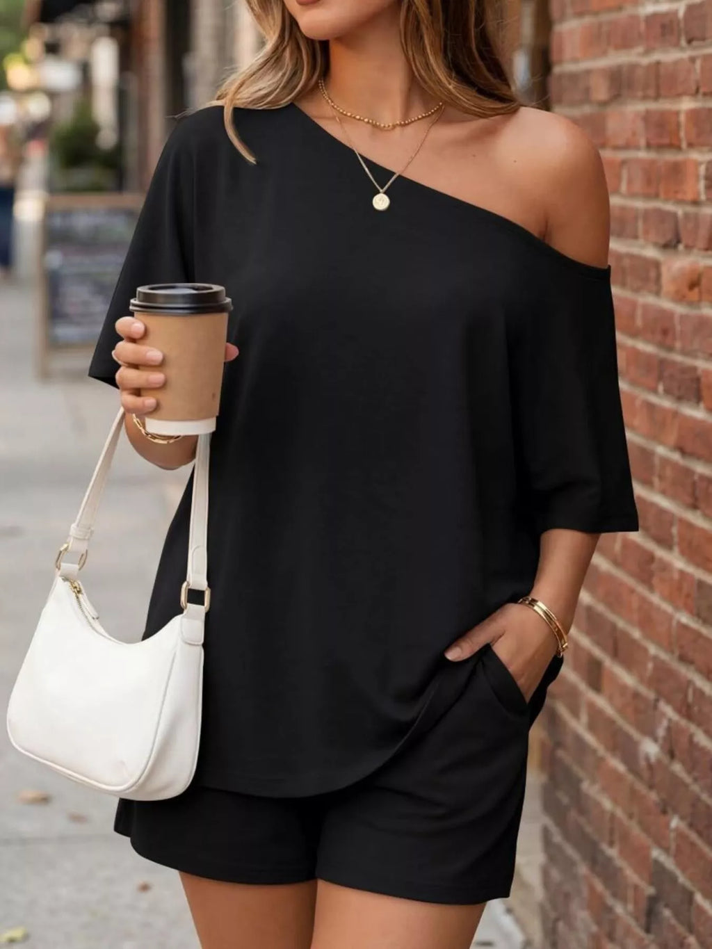 One-shoulder Short Sleeve Top Shorts Set