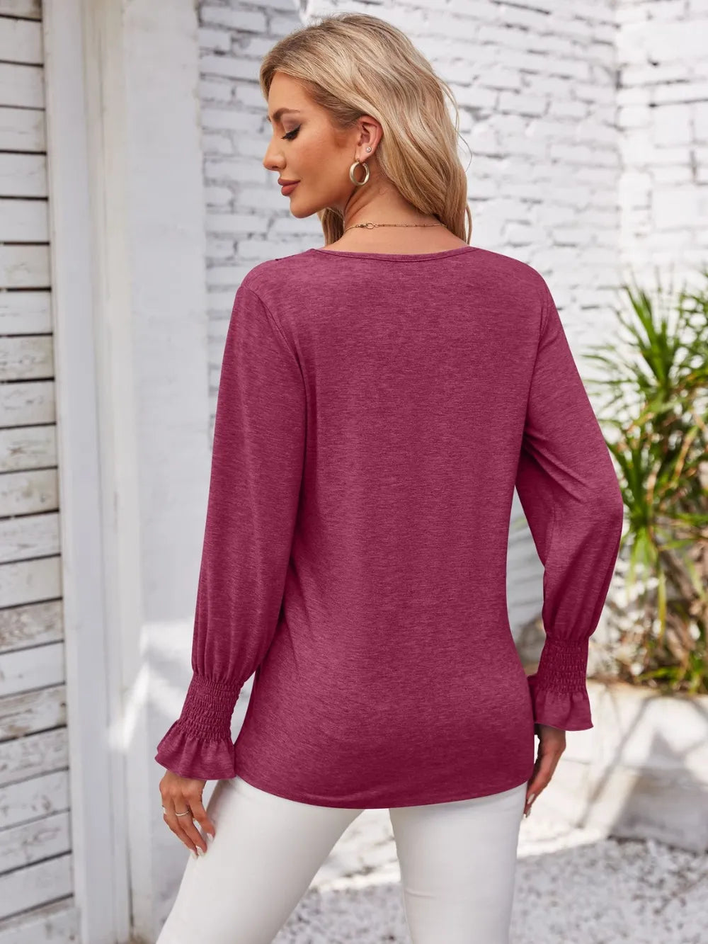 Smocked V-neck Long Sleeve Blouse (24)