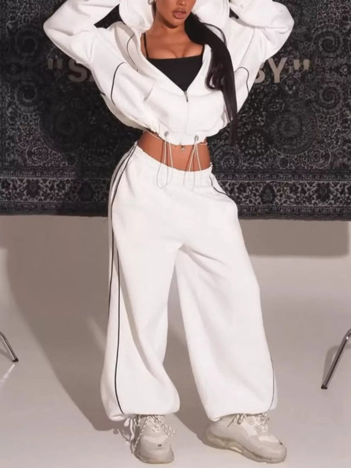 Cropped Zip-up Hoodie Wide-leg Sweatpants Lounge Set