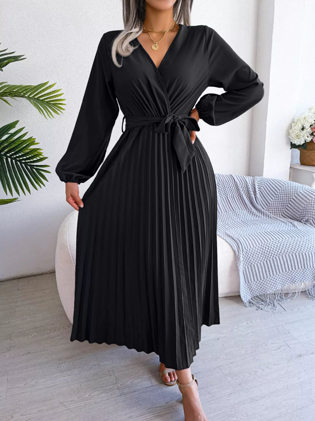 Elegant Pleated Front Tie Long Sleeve Dress (13)