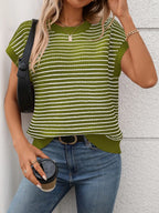 Striped Round Neck Short Sleeve Knit Top (18)