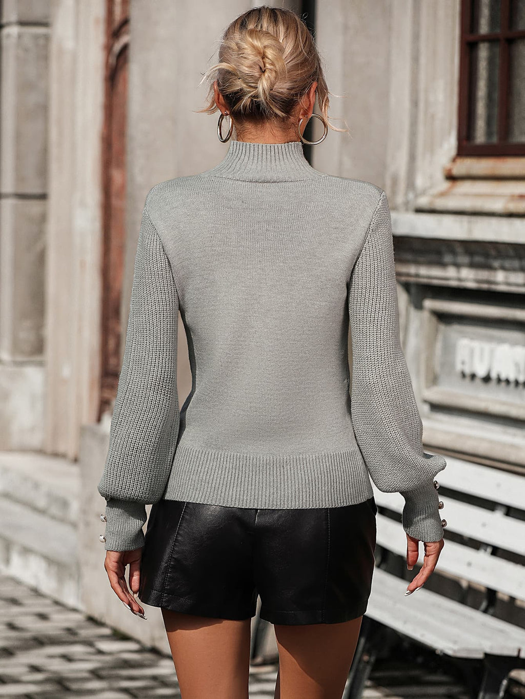 Mock Neck Ribbed Lantern Sleeve Pullover Sweater (6)