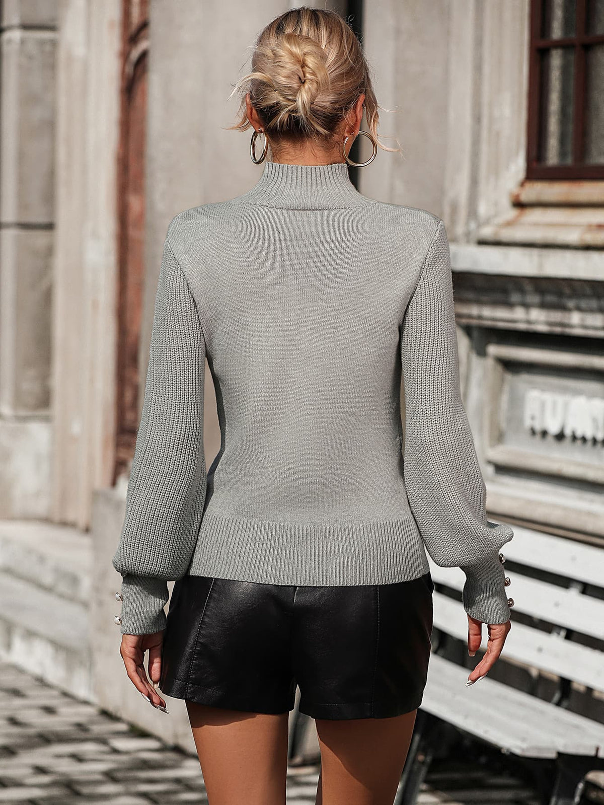 Mock Neck Ribbed Lantern Sleeve Pullover Sweater (6)