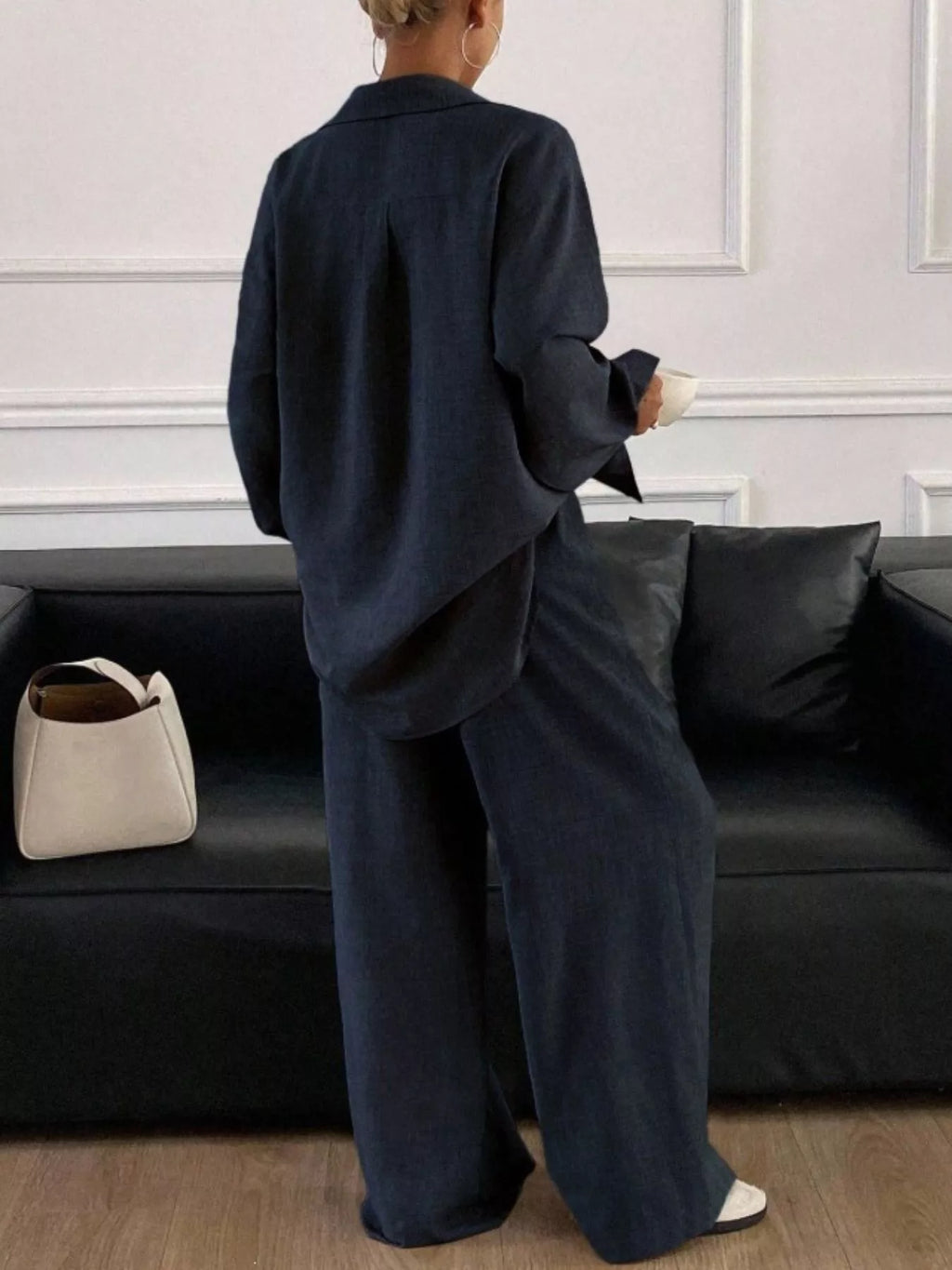 Button Up Long Sleeve Shirt Wide Leg Pants Set (7)
