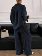 Button Up Long Sleeve Shirt Wide Leg Pants Set (7)