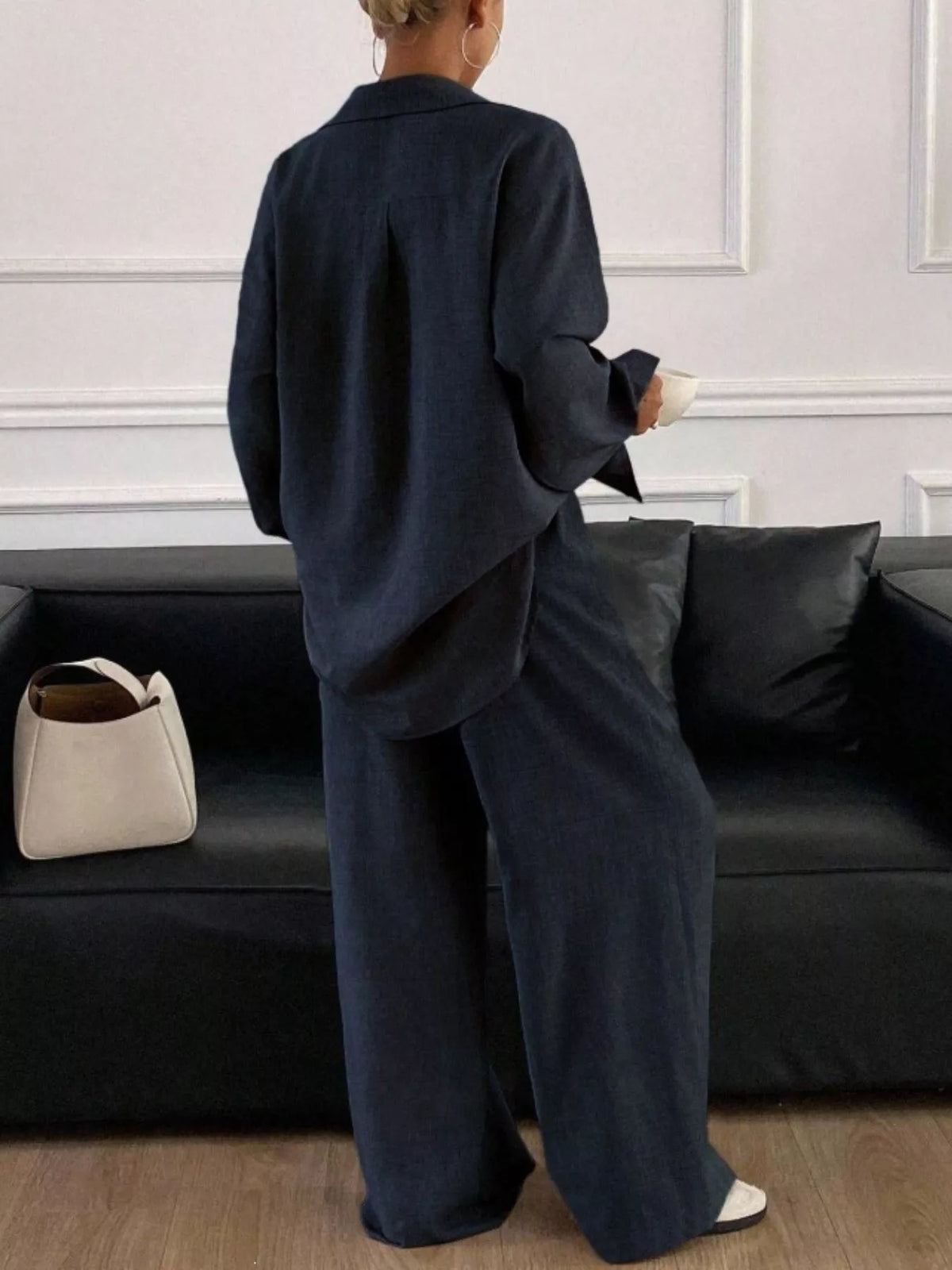 Button Up Long Sleeve Shirt Wide Leg Pants Set (7)