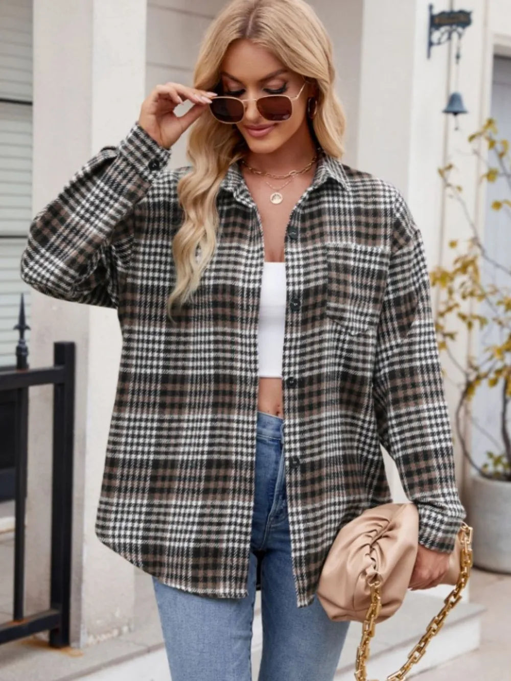 Pocketed Plaid Collared Neck Long Sleeve Shirt (18)