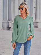 Eyelet V-neck Flounce Sleeve Blouse