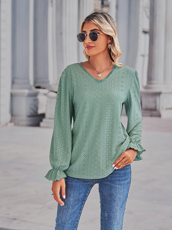 Eyelet V-neck Flounce Sleeve Blouse