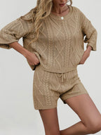 Cable Knit Round Neck Top Shorts Sweater Set (3)