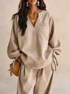 Relaxed Fit Drawstring Sleeve Detail Top Pants Denim Set (8)