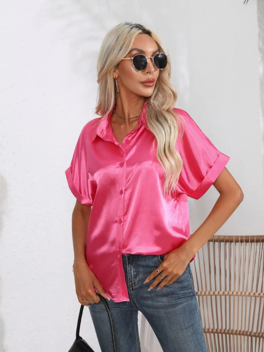 Button Down Collared Neck Short Sleeve Satin Shirt (3)