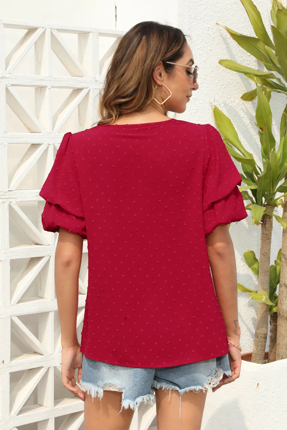Swiss Dot V-neck Short Sleeve Blouse (6)