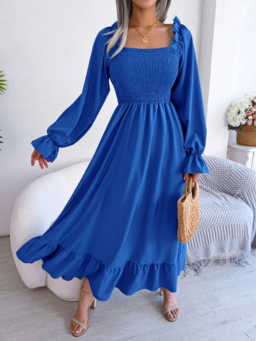 Smocked Square Neck Flounce Sleeve Dress (29)