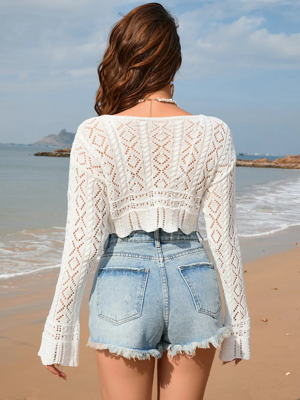 Drawstring Openwork Long Sleeve Cover-up (8)