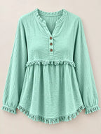 Full Size Frayed Hem Button Detail Blouse Plus (39)