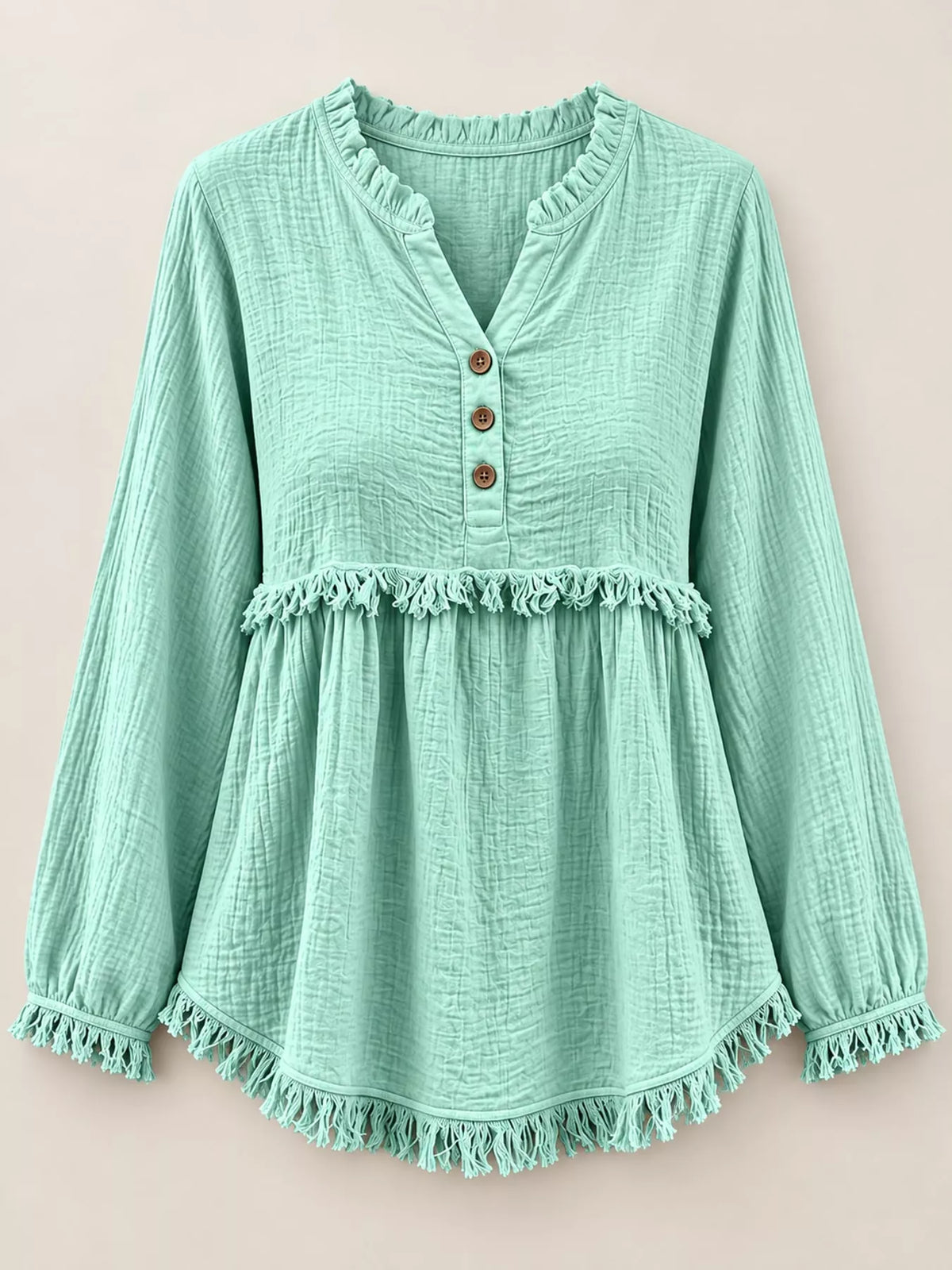 Full Size Frayed Hem Button Detail Blouse Plus (39)