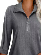 Half Zip Collared Neck Three-quarter Sleeve T-shirt (3)