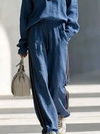 Contrast V-neck Top Striped Pants Set (5)