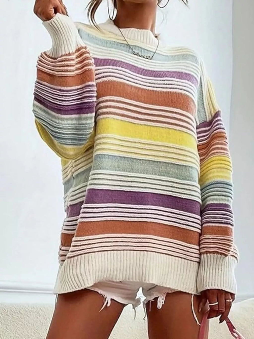 Striped Knit Long Sleeve Sweater (6)